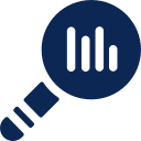 A blue icon— A magnifying glass over a bar chart
